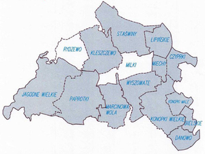 Ilustracja: Powiat giżycki modernizuje zasób <br />
Załącznik do projektu modernizacji EGiB w jednostce ewidencyjnej Miłki; szrafurą oznaczono obręby przeznaczone do modernizacji (SIWZ)