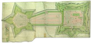Ilustracja: Plany twierdz i mapy militarne <br />
Ryc. Mapa twierdzy jasnogórskiej z projektem jej rozbudowy, 1790 r., Karol Polewski, AGAD, Zbiór Kartograficzny, 94-8