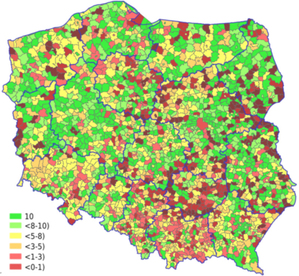 Ilustracja: Badanie danych i usług planistycznych: widać poprawę <br />
Rozkład wyników w podziale na gminy