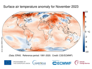 Ilustracja: 2023 będzie najcieplejszym rokiem w historii pomiarów <br />
Powierzchniowa anomalia temperatury powietrza w listopadzie 2023 r. w stosunku do średniej z listopada dla okresu 1991-2020. Dane: ERA5 (fot. C3S/ECMWF)