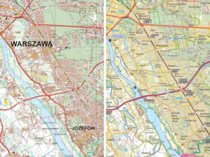 Ilustracja: Automatyczne mapy w skali 1:100 000. Porównanie <br />
Fragmenty map: po lewej - GUGiK, po prawej - MapCreating